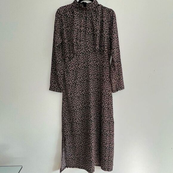 L.N.V Black Mock Neck Long Sleeve Back Zip Side Slits Ditsy Floral Long Ankle Le - Picture 1 of 12